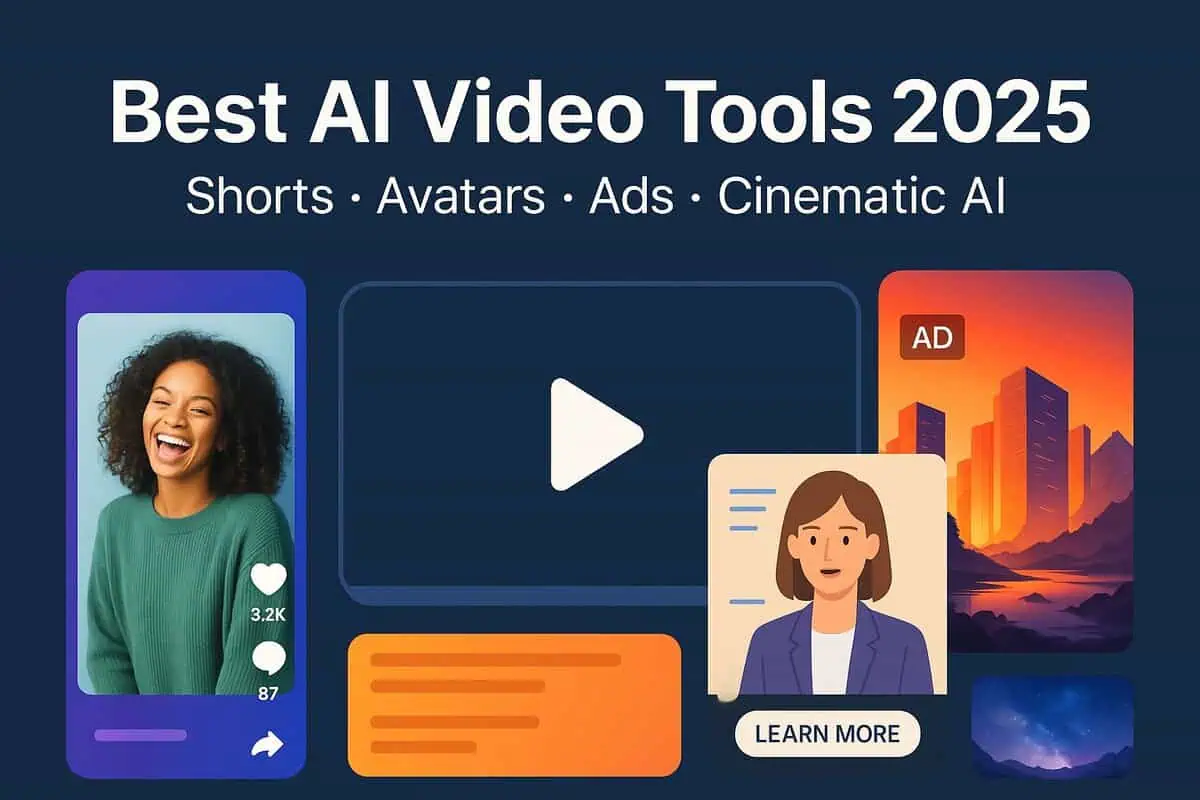Best AI video tools for 2025 showing AI shorts, avatar videos, ad creation, and cinematic AI video editing