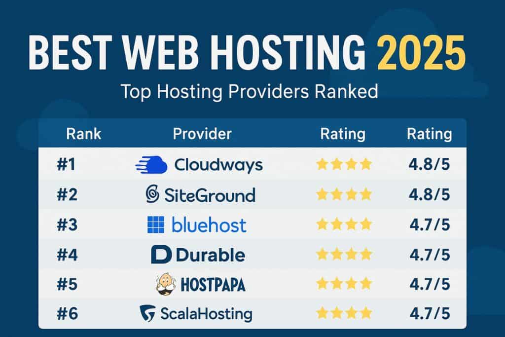 Banner showing the Best Web Hosting 2025 rankings, including Cloudways, SiteGround, Bluehost, Durable, HostPapa, and ScalaHosting with their ratings.