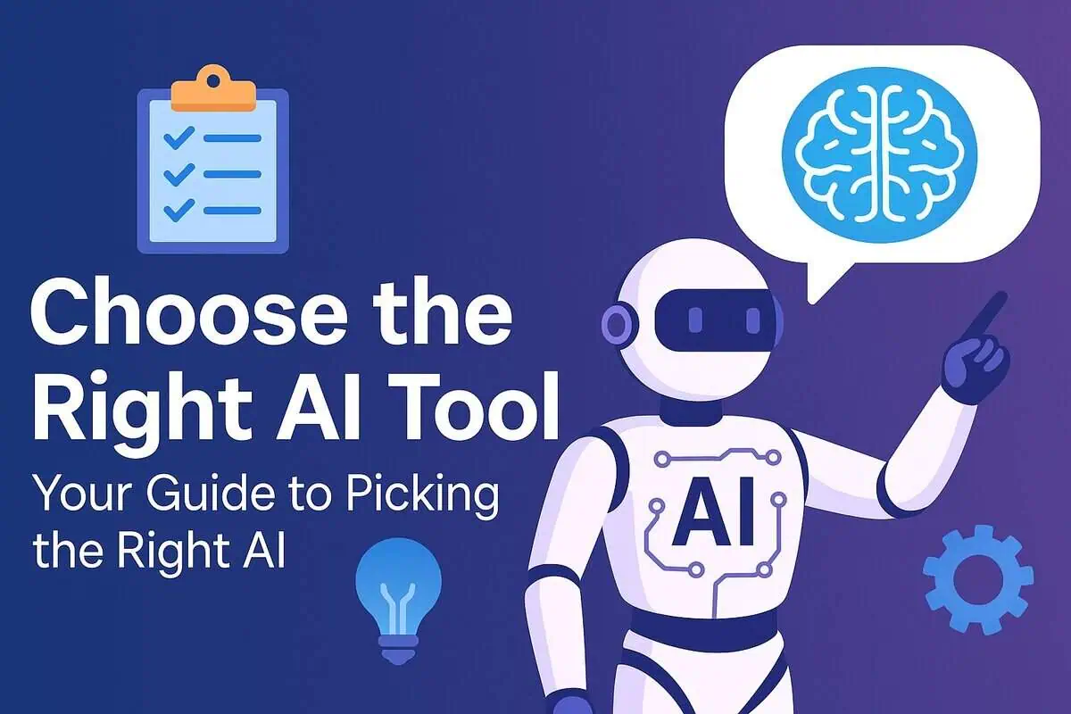 Banner showing a robot pointing to a brain icon with the title “Choose the Right AI Tool – Your Guide to Picking the Right AI”.
