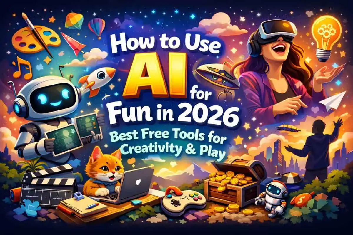 Illustration showing creative and playful ways to use AI for fun in 2026, including art, music, games, and AI tools