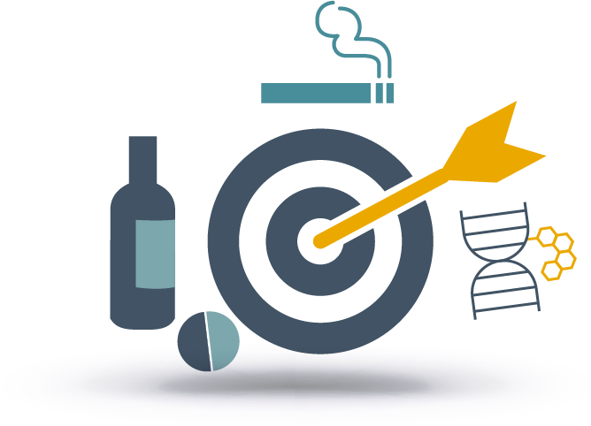arrow hitting target with a bottle, cigarette, dna, and a pill around it