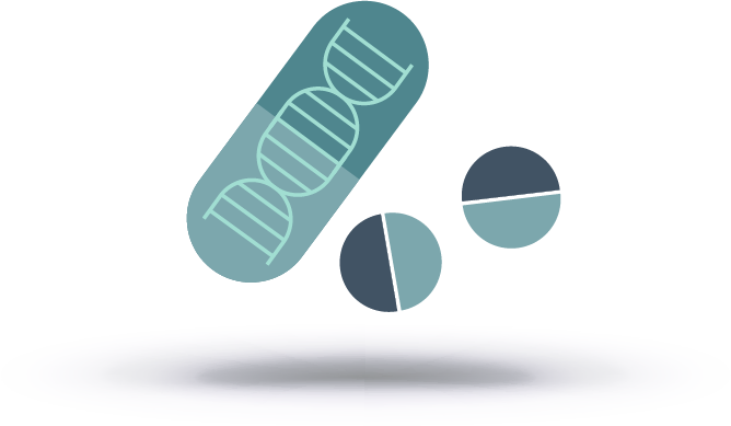 two pills, one capsule with dna inside and round pills