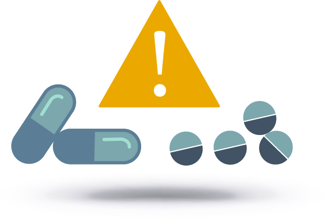 stock image with pills and caution sign