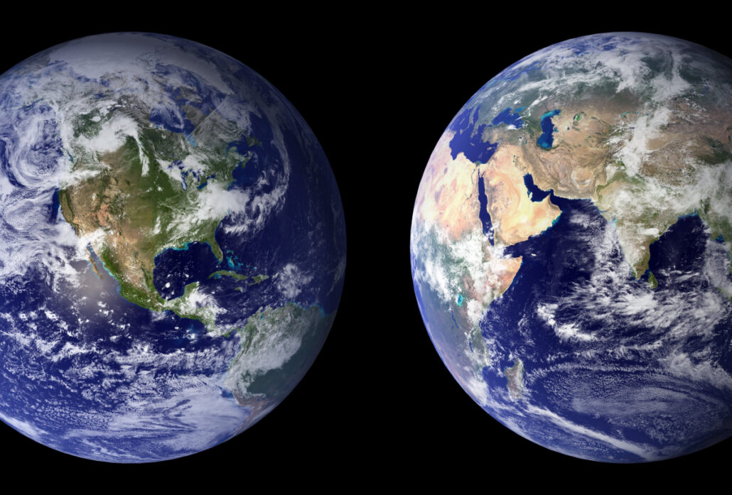 globes representing eastern and western perspectives on earth