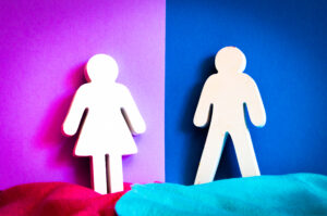 female character cut out next to male character cut out