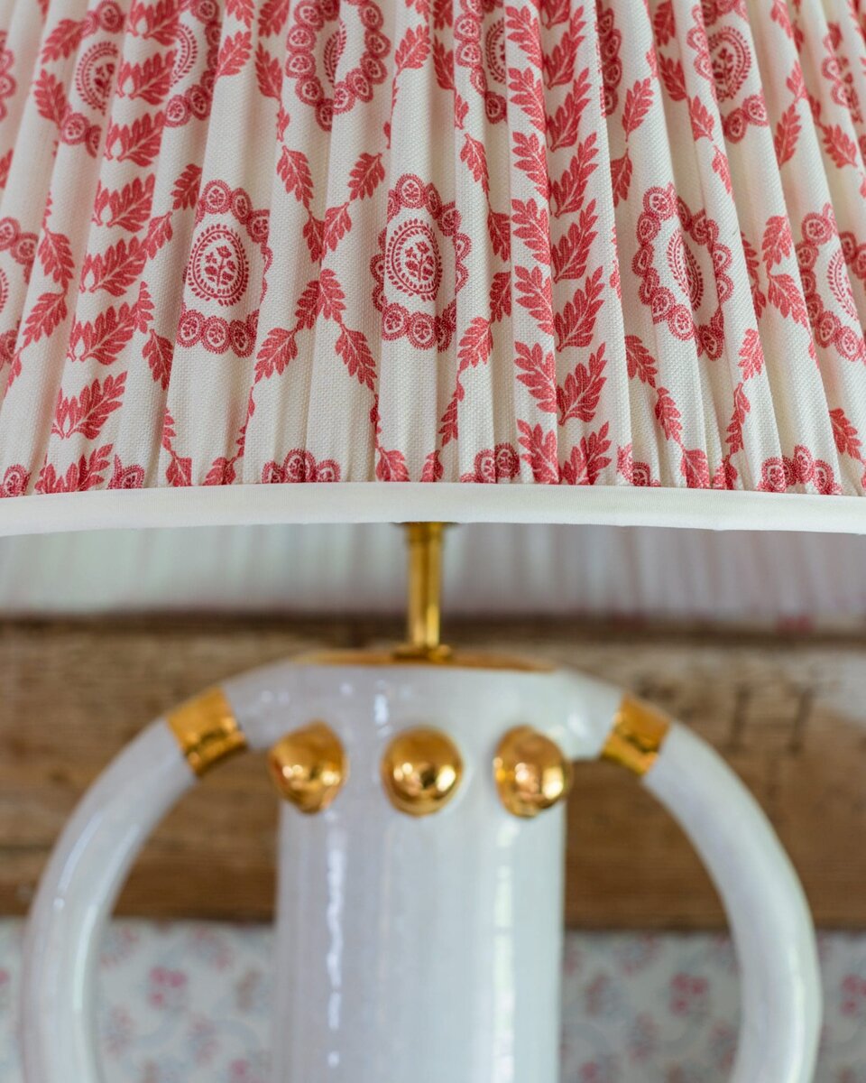 close up of a lampshade showcasing the fabric designed by charlotte gaisford designer