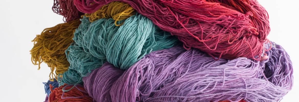 Vibrant multicolored skeins of hand-dyed yarn stacked on a wooden stool, showcasing Seacolors Yarnery's artisanal cord, perfect for knitting and crochet projects.