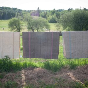 Soft wool yarns hanging on a clothesline displaying natural dyed yarn colors against a pastoral landscape with lush greenery and trees, perfect for Seacolors Yarnery collection.