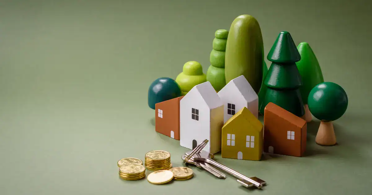 Toy houses and trees with keys and gold coins, illustrating property investment in Dublin neighborhoods. – Ghar.ie property listing