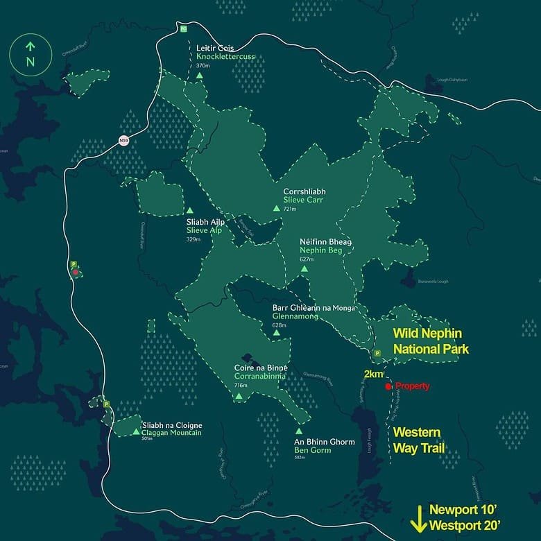 Map of Wild Nephin National Park showing trails, mountains, and property location in Mayo. – Ghar.ie property listing