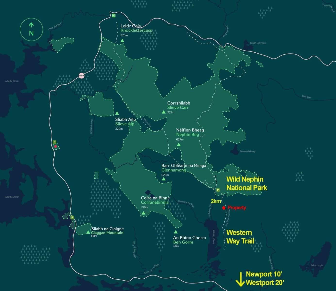 Map of Wild Nephin National Park showing trails, mountains, and property location in Mayo. – Ghar.ie property listing