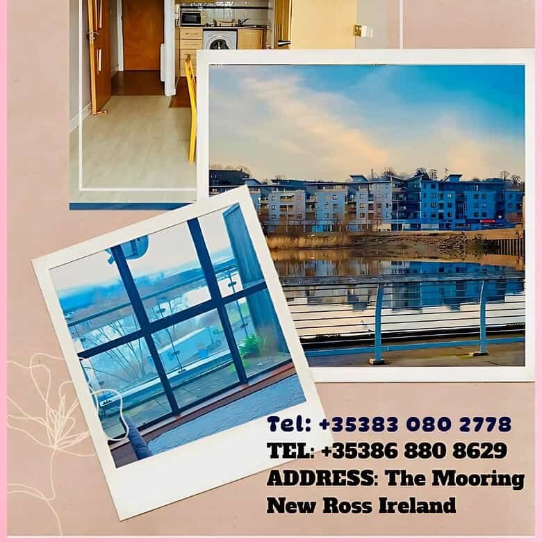 Waterview apartment for sale in New Ross, Ireland, showing interior kitchen and exterior waterfront view. – Ghar.ie property listing