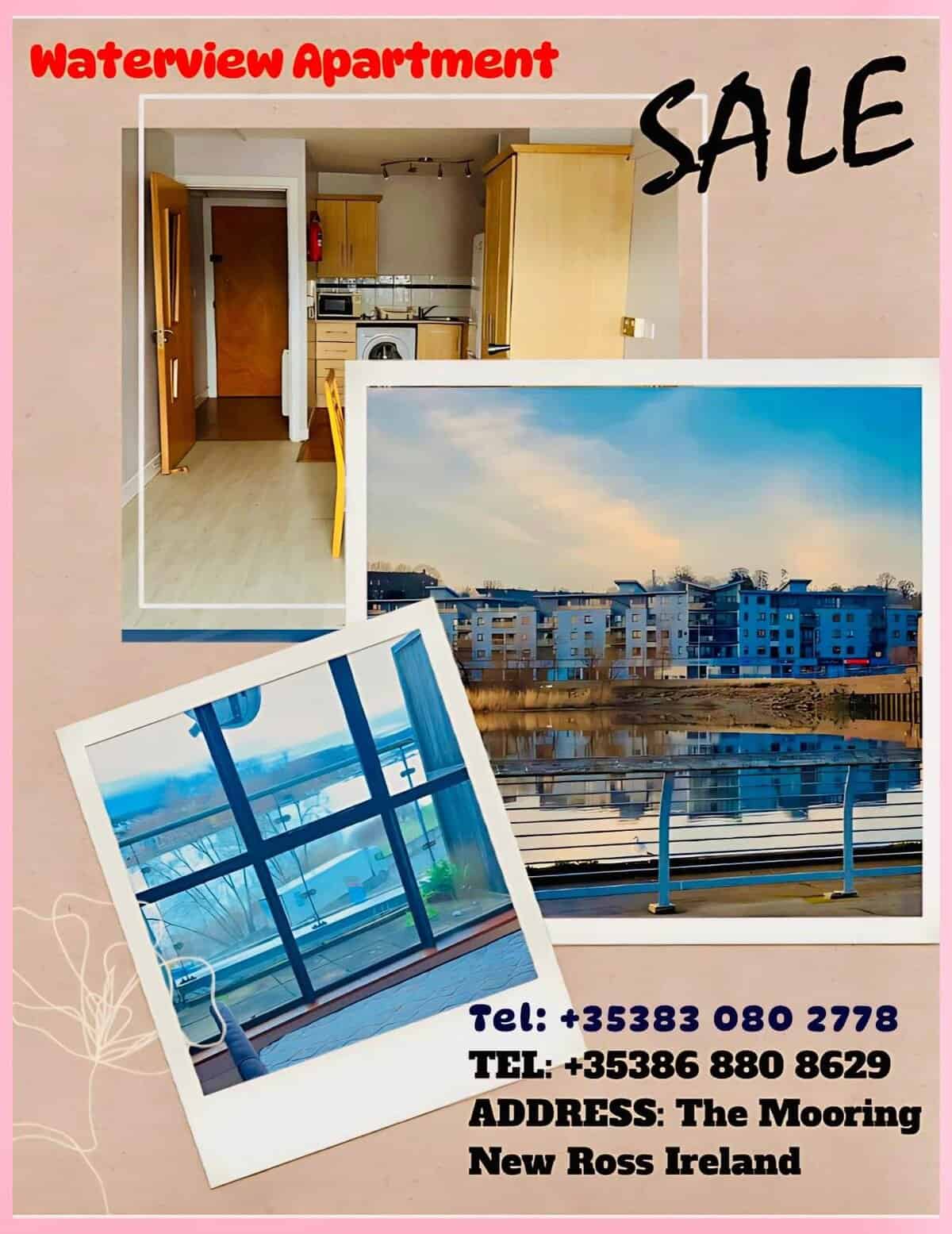 Waterview apartment for sale in New Ross, Ireland, showing interior kitchen and exterior waterfront view. – Ghar.ie property listing