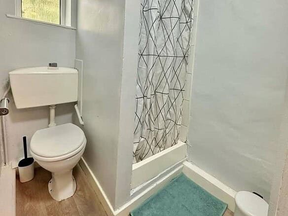 Bathroom with toilet, shower with patterned curtain, window, and blue mat on wood floor. – Ghar.ie property listing