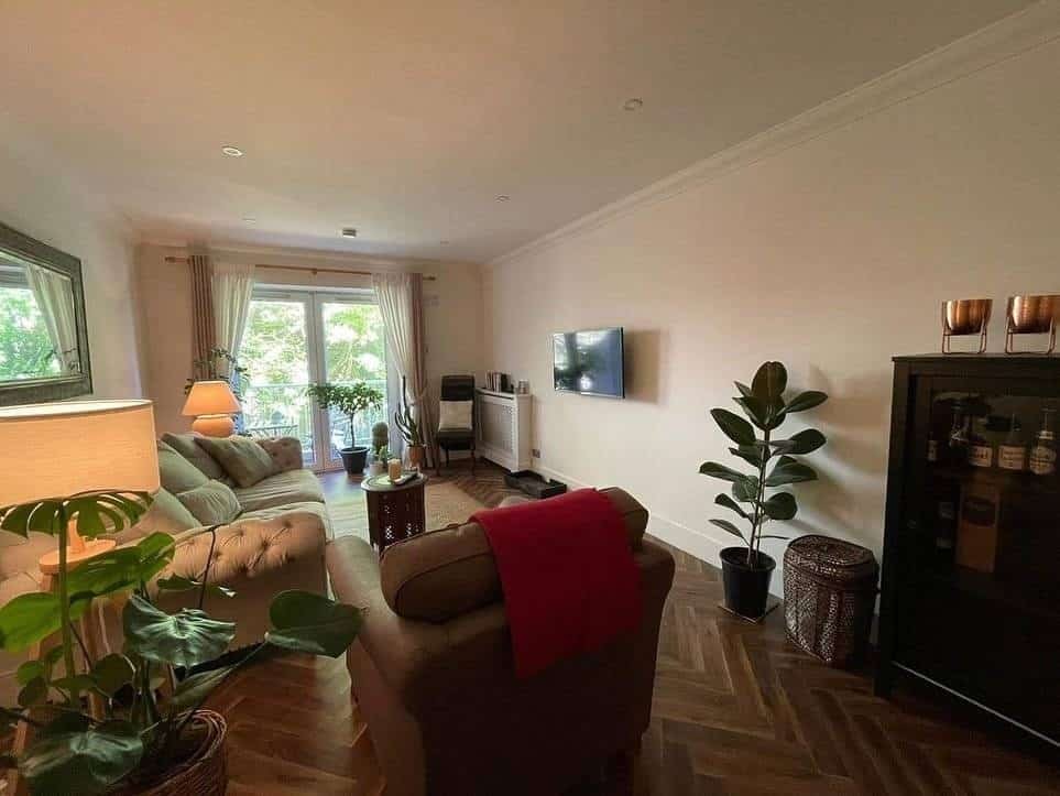 Living room in a 2-bedroom apartment in Ringsend, Dublin 4, with herringbone floors and plants. – Ghar.ie property listing