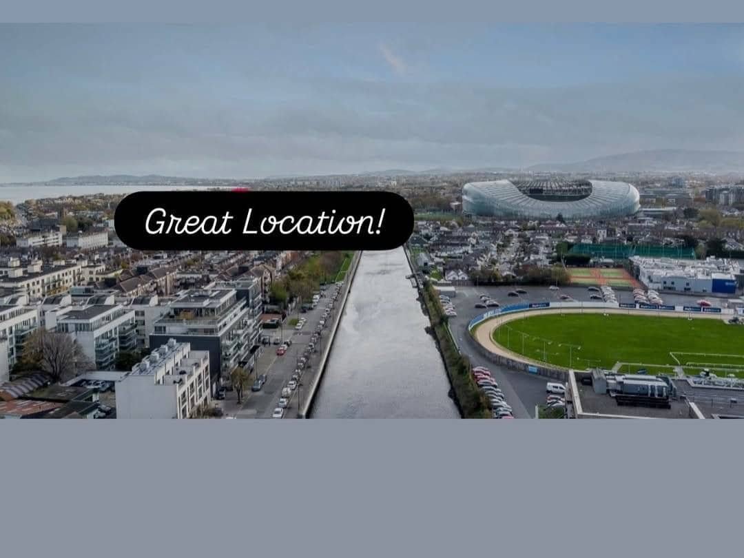 Ringsend, Dublin 4 apartment view featuring the River Dodder, cityscape, and Aviva Stadium. – Ghar.ie property listing