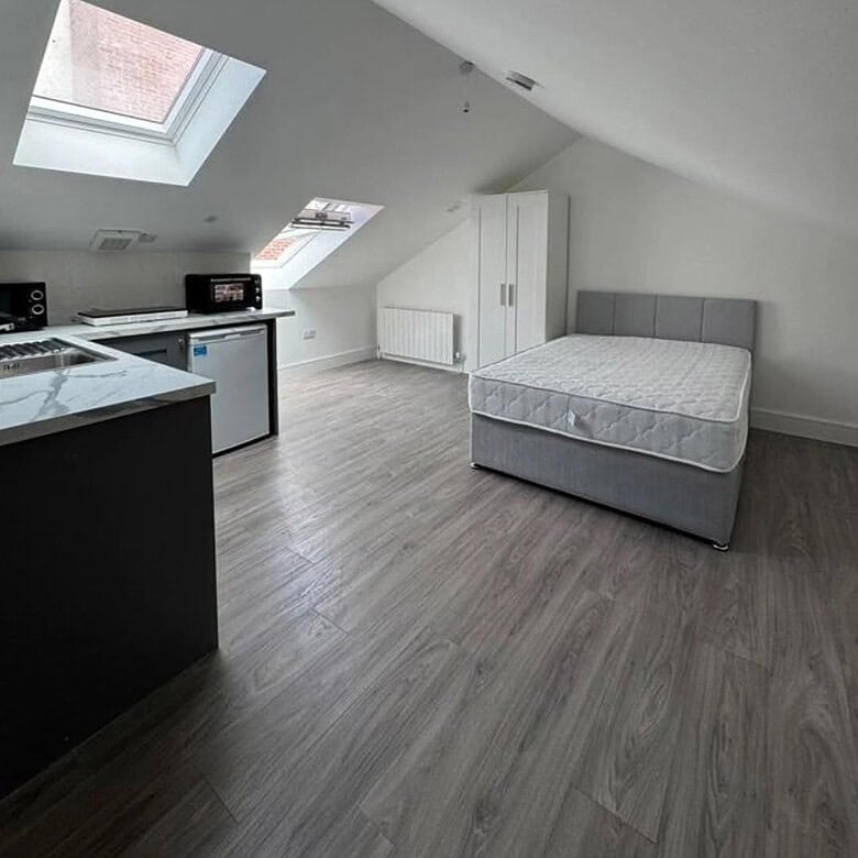 Studio apartment in Cabra West, Dublin 7, featuring a bed, kitchenette, and skylights. – Ghar.ie property listing