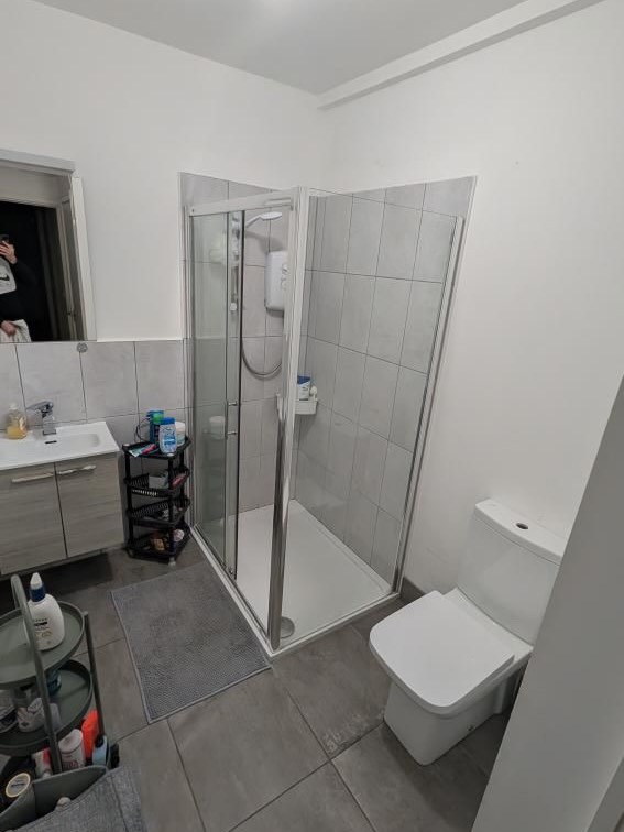 Bathroom interior with shower, toilet, sink, and storage shelves.