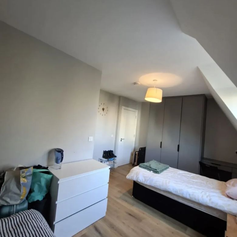 Cozy bedroom interior with bed, dresser, and built-in wardrobe.