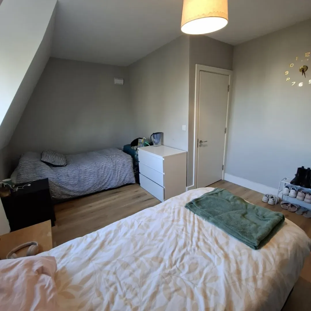 Cozy bedroom with two beds, dresser, and a clock on the wall.