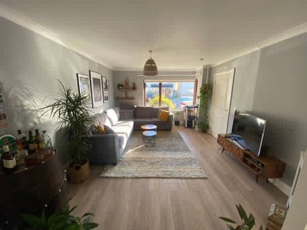 Cozy living room with gray sofa, light wood floors, and natural light.