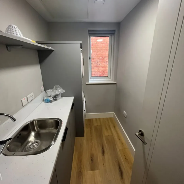 Gray laundry room with stainless steel sink, modern cabinets, and wood-look flooring.
