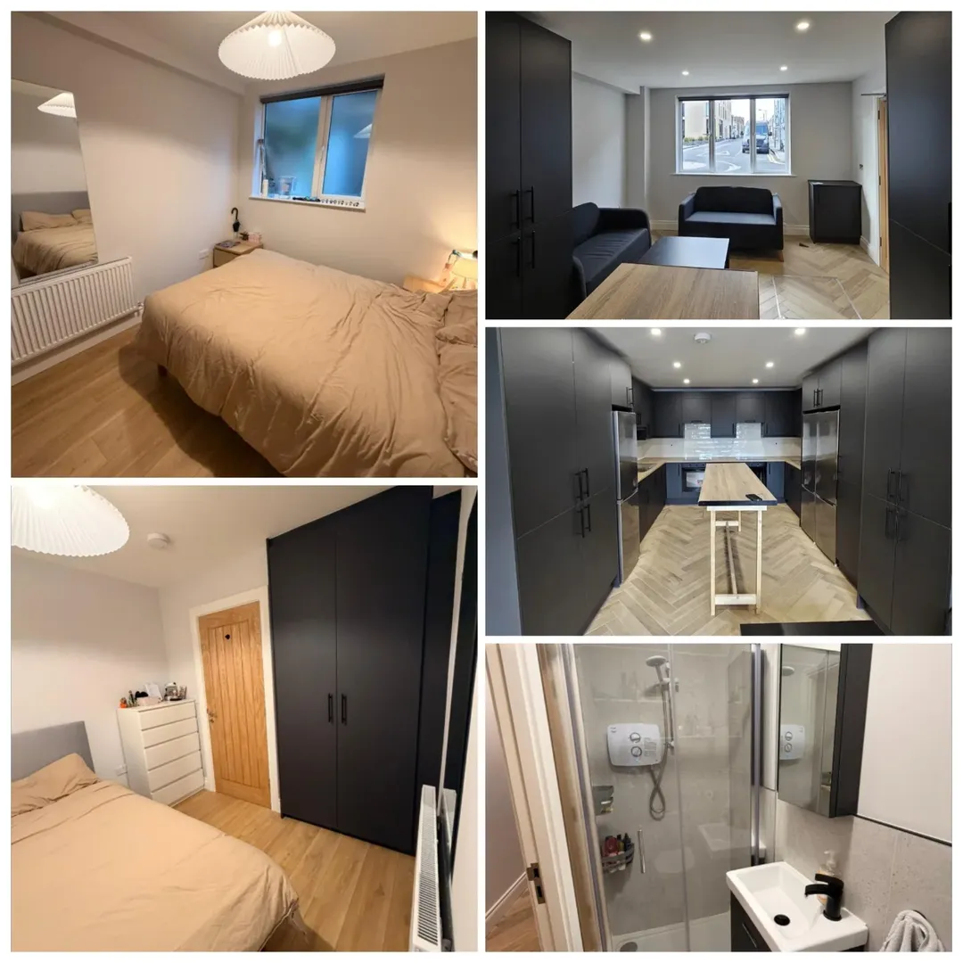 Modern apartment interior with bedroom, living room, kitchen, and bathroom views.