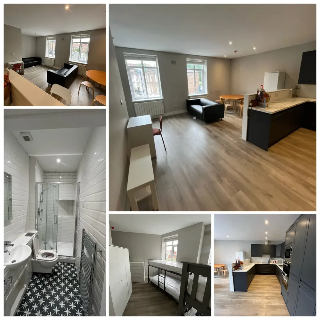 Modern apartment interior: living area, kitchen, bathroom, bedroom with bunk beds. Clean, bright, and stylish design.