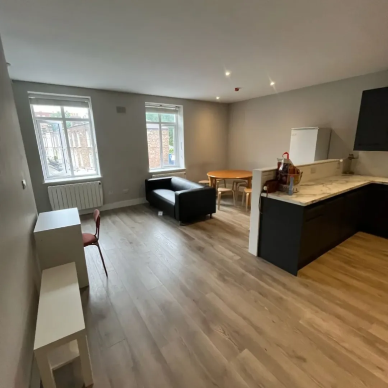 Modern apartment interior with sofa, kitchen, and dining area.
