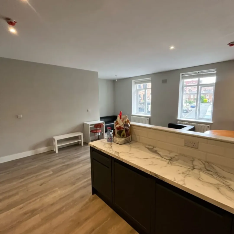 Modern apartment interior with kitchen counter, living space, and natural light.