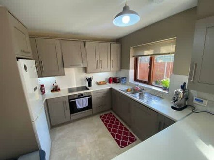 Modern kitchen with gray cabinets, stainless steel appliances, and red patterned rug.