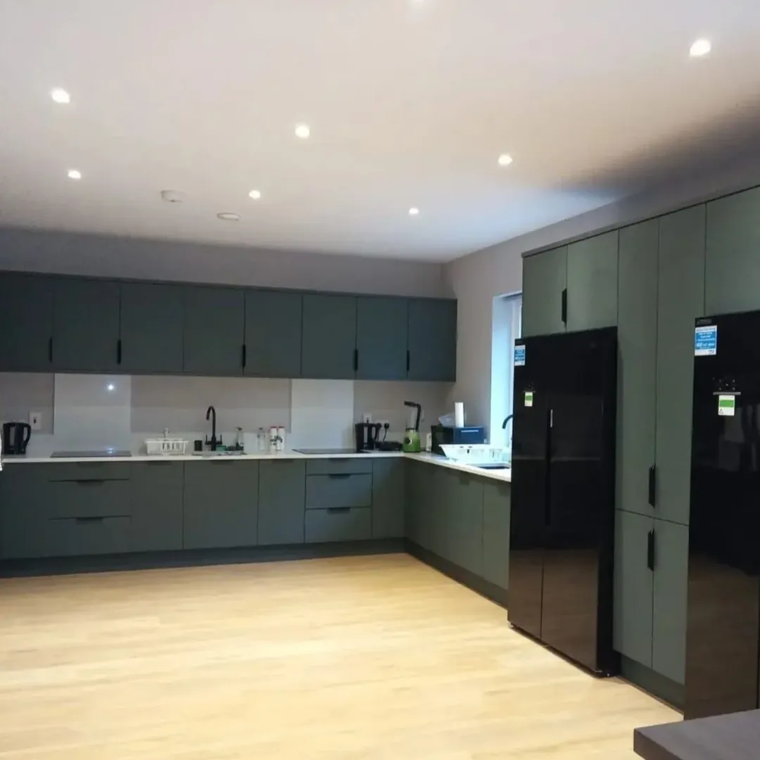 Modern kitchen with green cabinets, black appliances, light wood floors, and recessed lighting.
