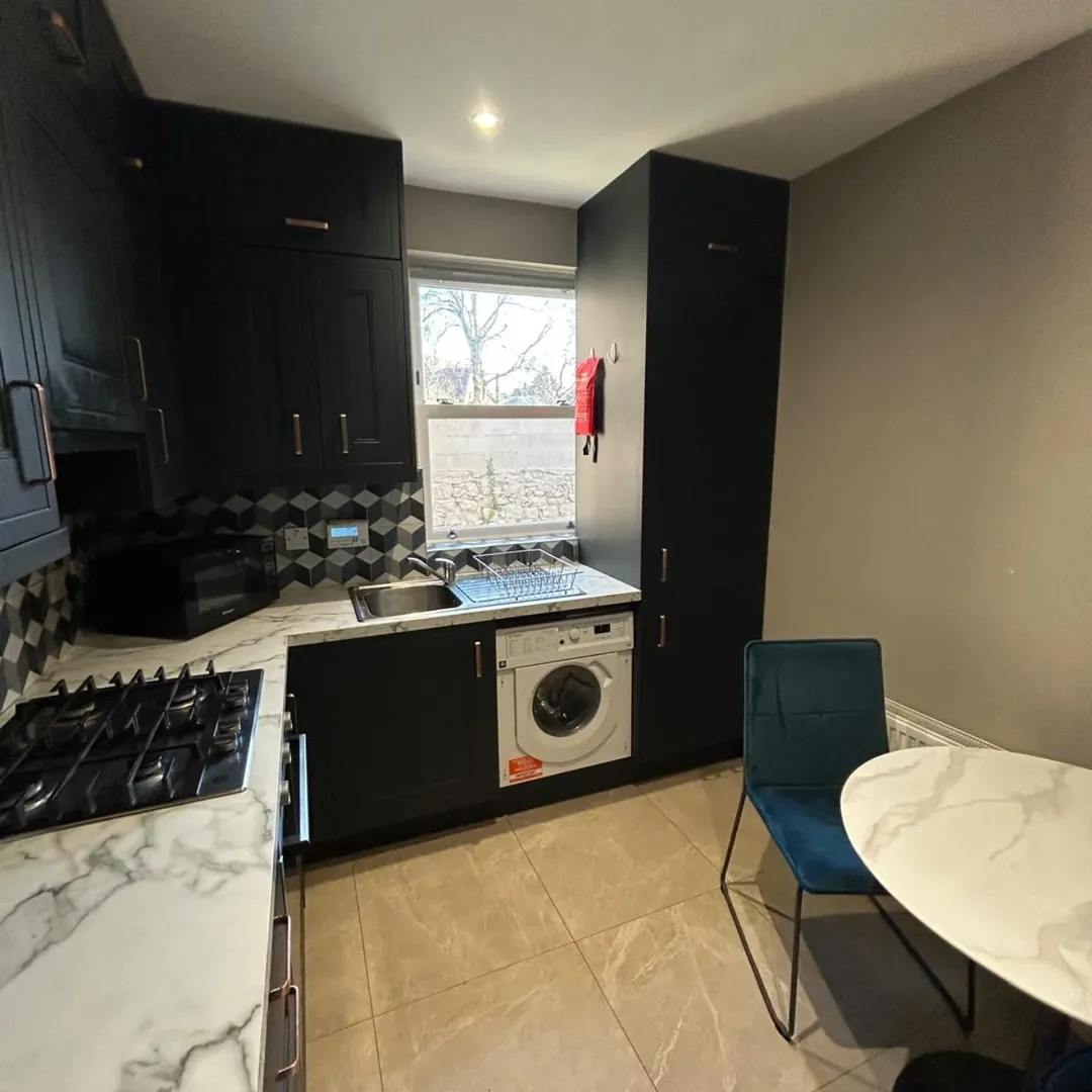 Modern kitchen with black cabinets, marble countertops, and a washing machine.
