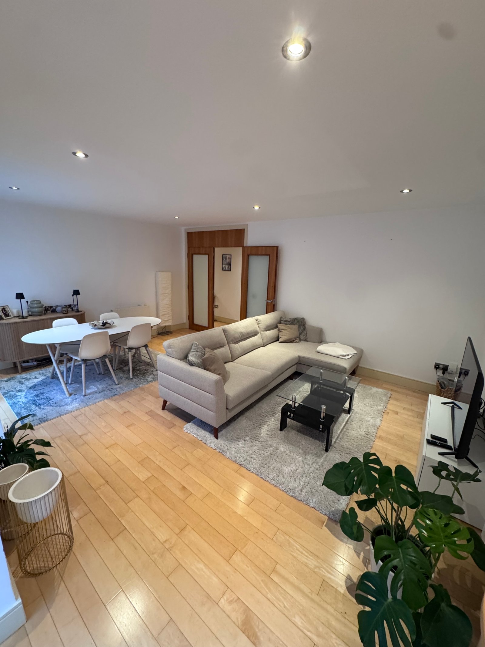 Modern living room: couch, coffee table, wood floors, and plants.