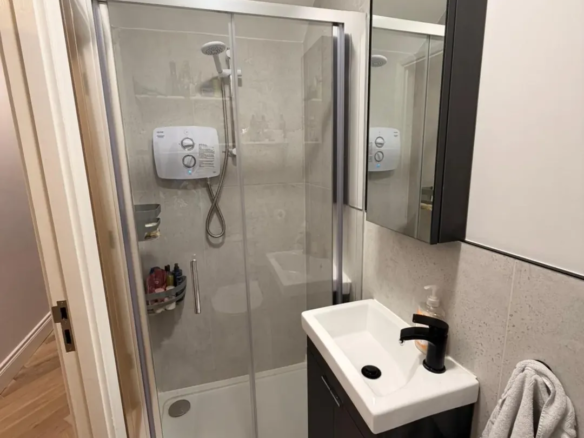 Small bathroom with shower, sink, and mirrored cabinet.