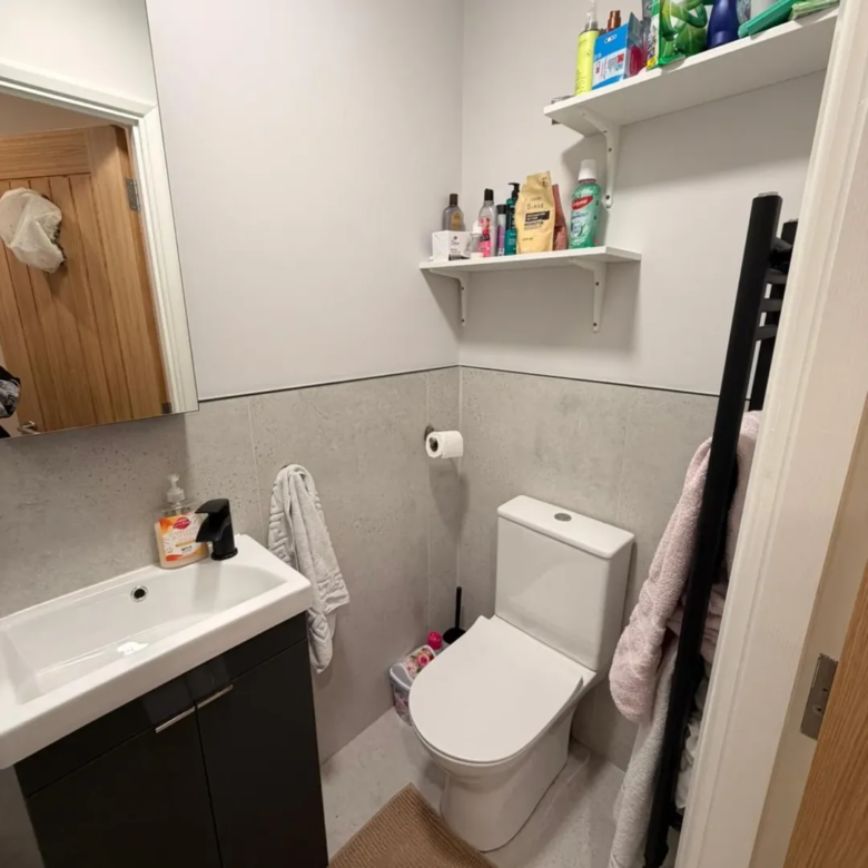 Small bathroom with toilet, sink, storage shelves, and towel warmer.