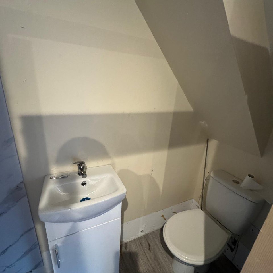 Small bathroom with toilet and sink under sloped ceiling.