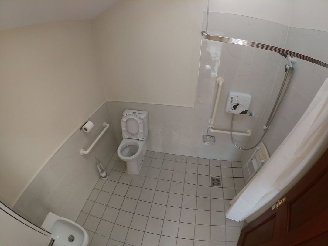 Accessible bathroom with toilet, shower, and grab bars for mobility assistance.