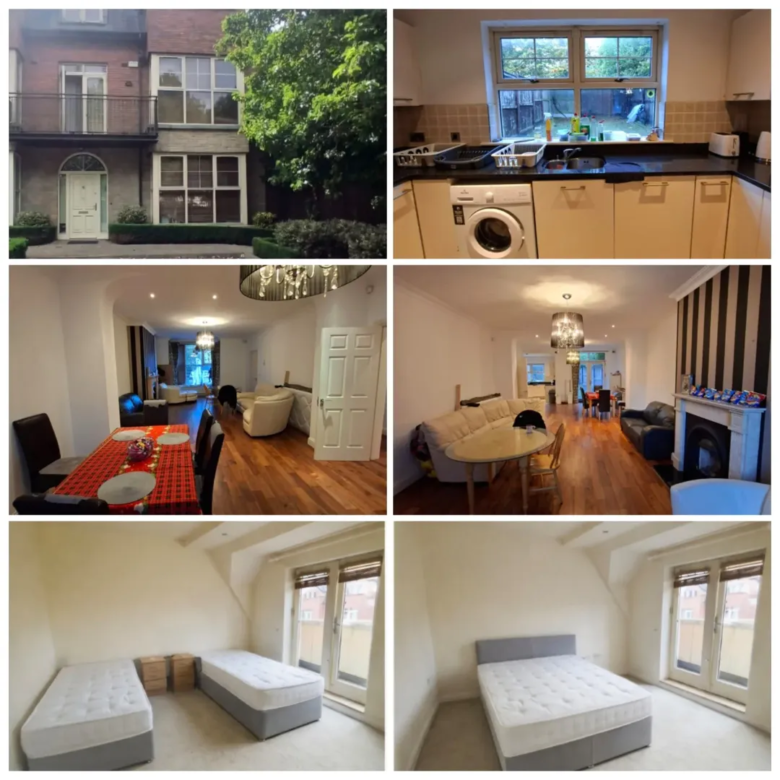 Apartment interior: living room, kitchen, bedroom, and building exterior.