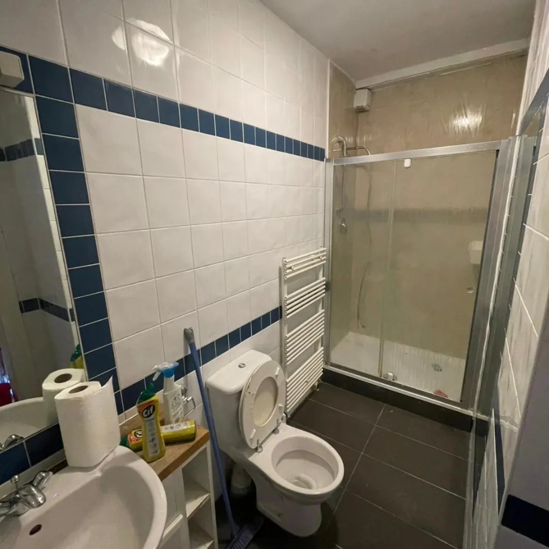 Bathroom interior with toilet, sink, shower, and blue-trimmed white tiles.