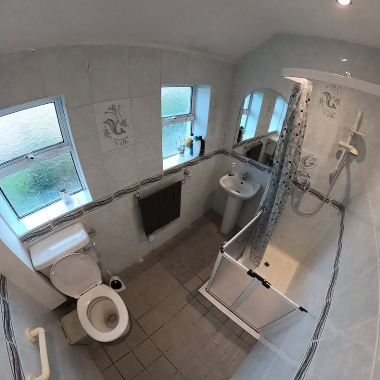 Bathroom with toilet, sink, and accessible shower with a curtain and grab bar.