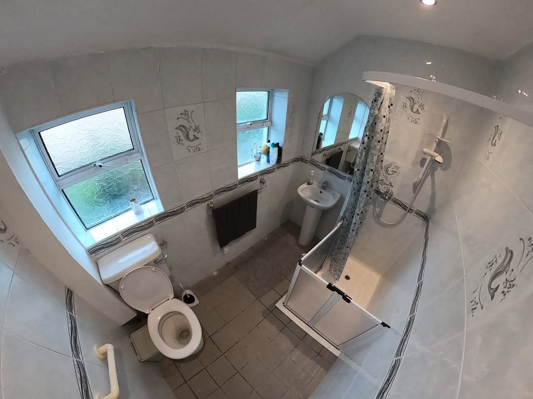 Bathroom with toilet, sink, and accessible shower with a curtain and grab bar.