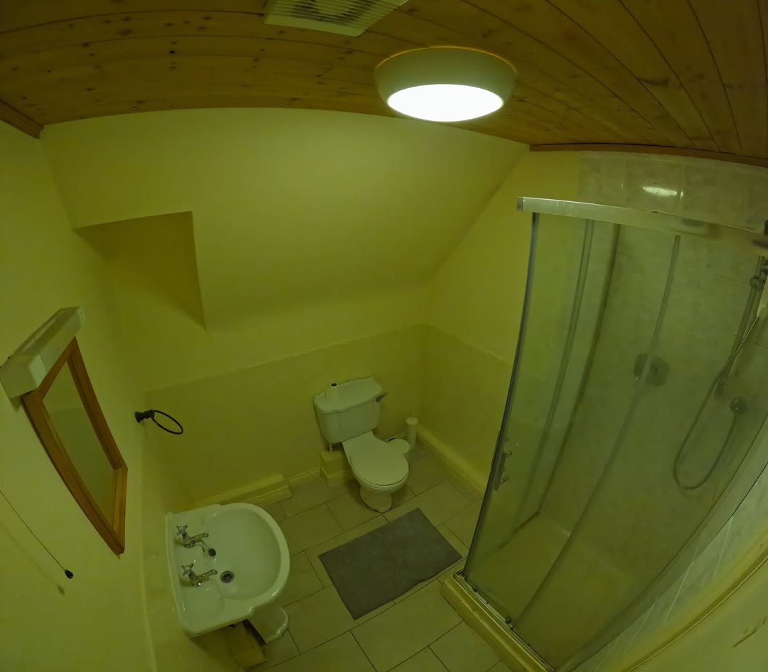 Bathroom with toilet, sink, and shower in a cozy space.