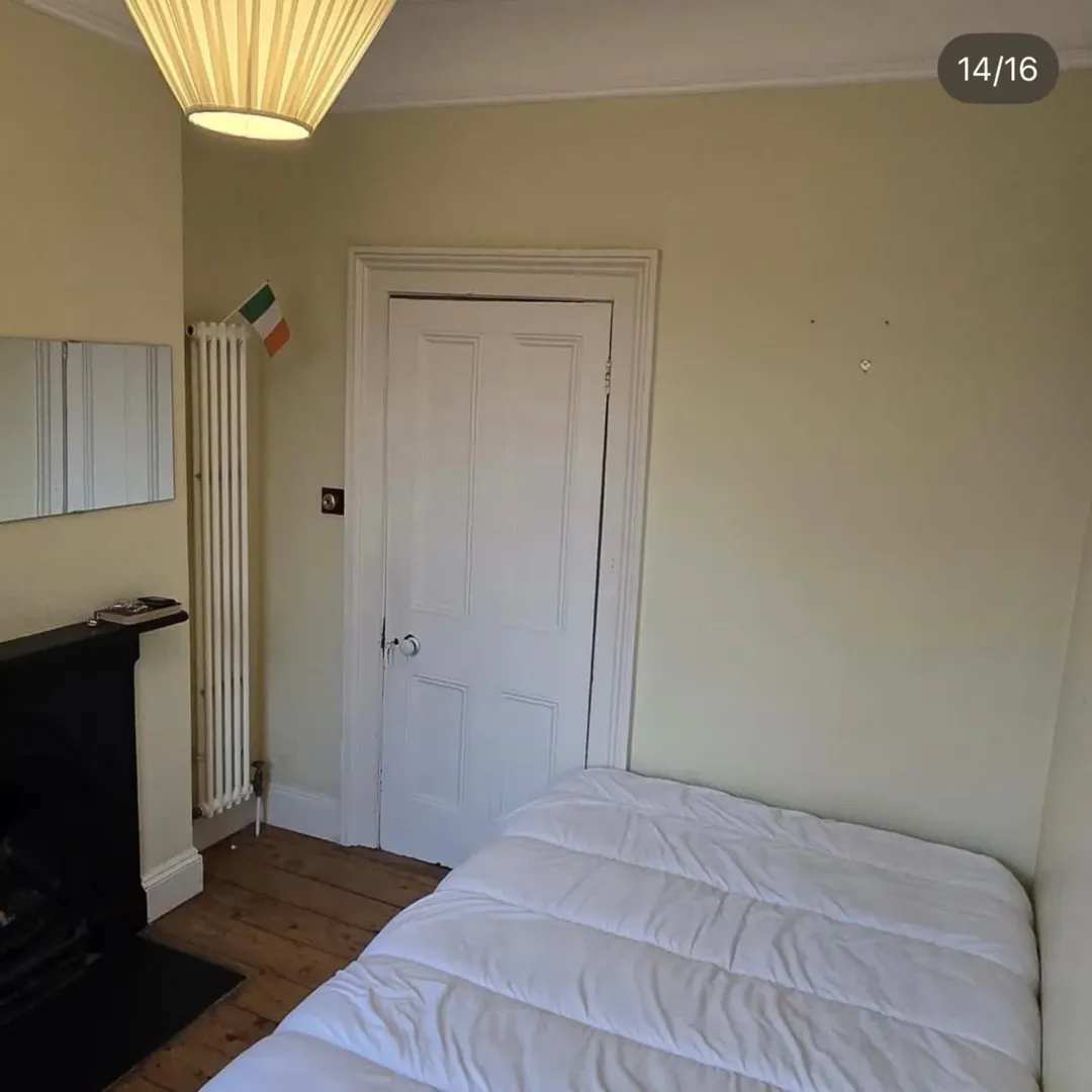 Cozy bedroom with white bed, fireplace, and Irish flag on the wall.