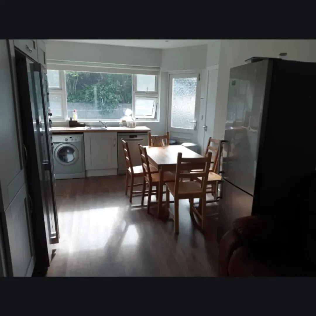 Kitchen with wood dining set, washing machine, refrigerator, and window. Bright, airy space.