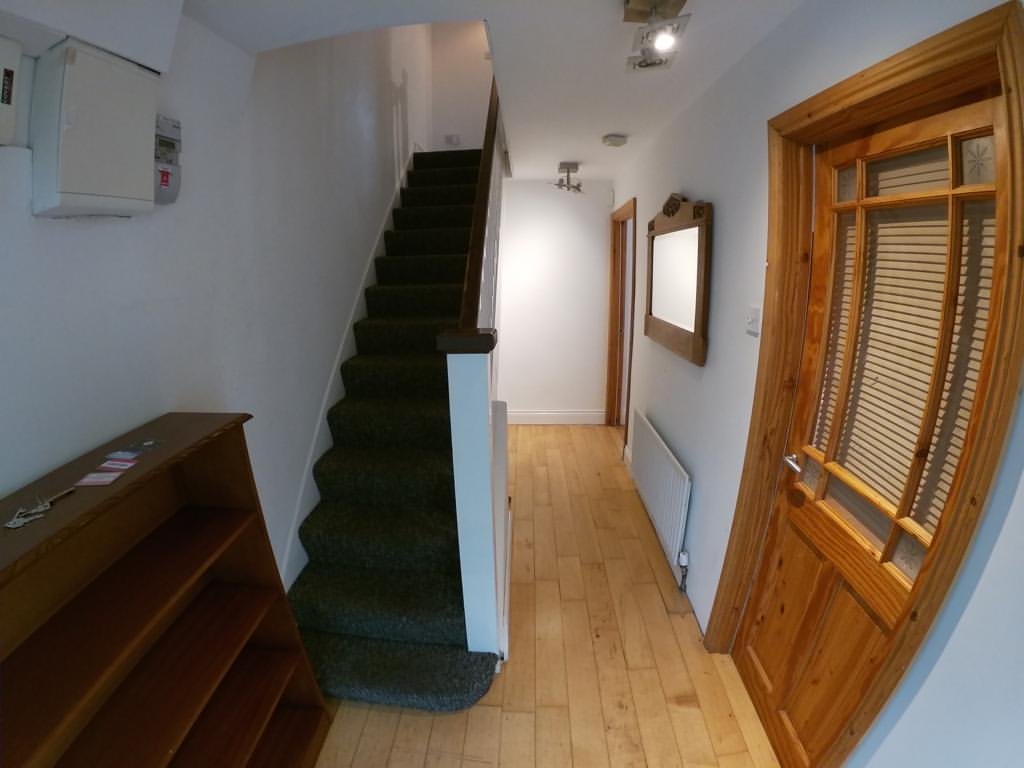 Hallway with staircase, wood flooring, and paneled door.