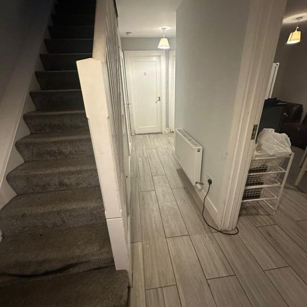 Hallway with stairs, radiator, and white door.