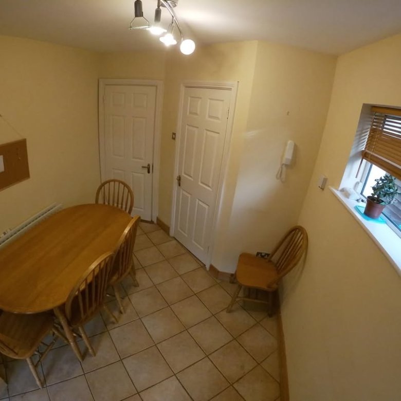 Cozy kitchen with wooden table, chairs, and window plants.