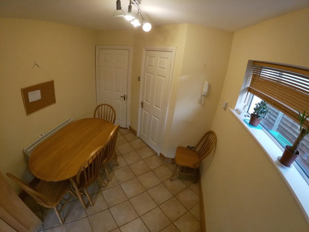 Cozy kitchen with wooden table, chairs, and window plants.