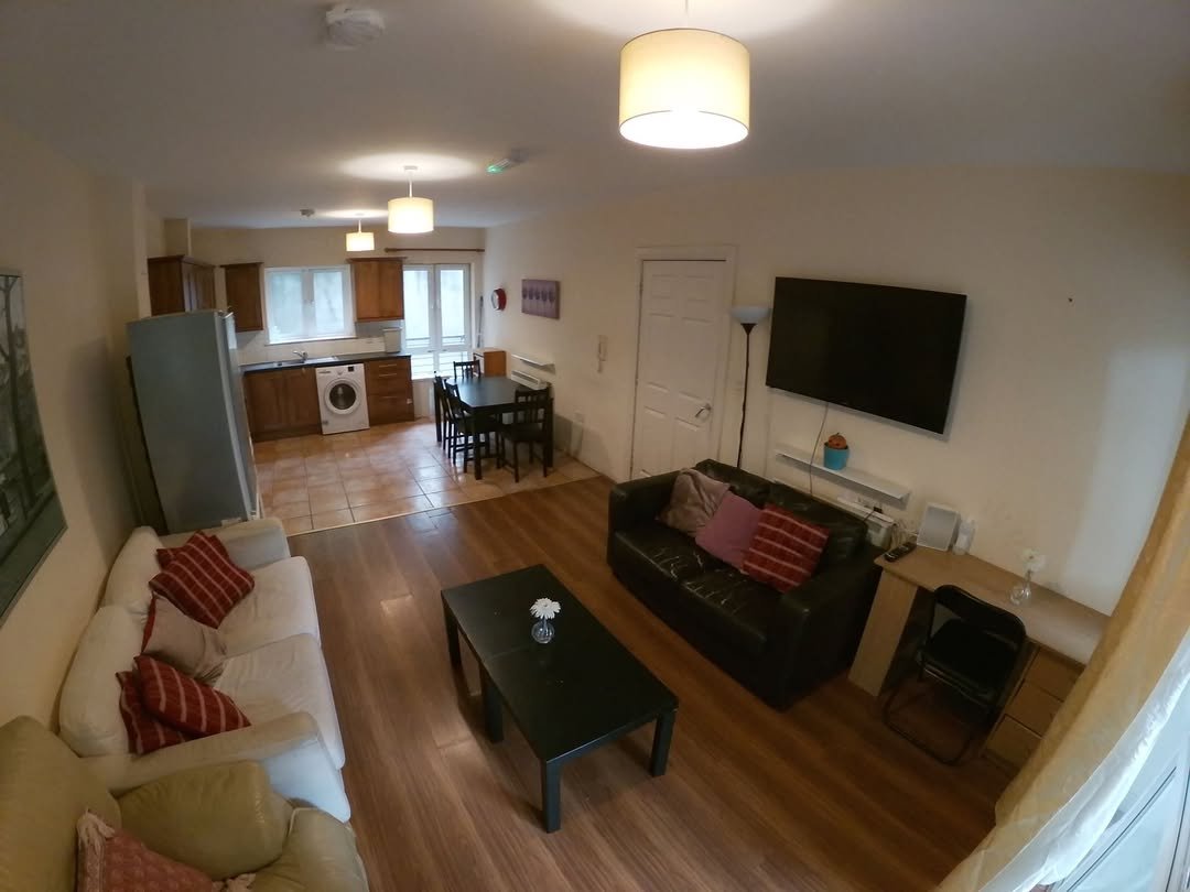 Open-plan apartment living room and kitchen with sofa, dining table, and TV. Bright and modern decor.